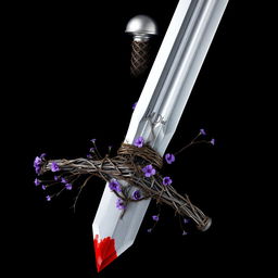 A complete silver sword viewed from above, featuring a hilt intricately designed with thorn fretwork