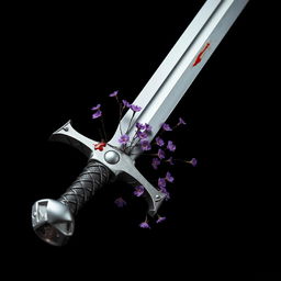 A silver sword extending fully to the tip, showcasing a handle intricately designed with thorn patterns