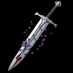 A silver sword extending fully to the tip, showcasing a handle intricately designed with thorn patterns