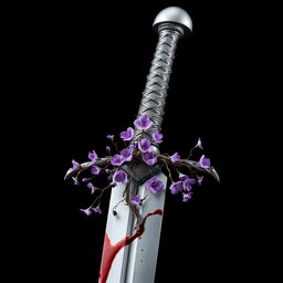 A silver sword extending fully to the tip, showcasing a handle intricately designed with thorn patterns