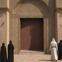 Illustrate a scene where the mythical entity Al-Masih ad-Dajjal is unable to enter the sanctuary of Madinah