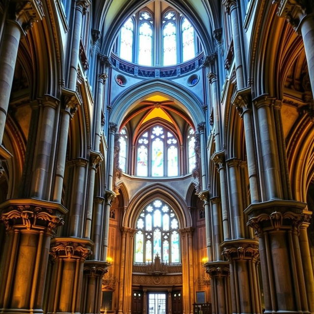 Ornate architecture within a cathedral in Glencoe, Highlands, Scotland, showcasing intricate details such as carved stone pillars, stained glass windows casting colorful light, gothic arches, and decorative moldings