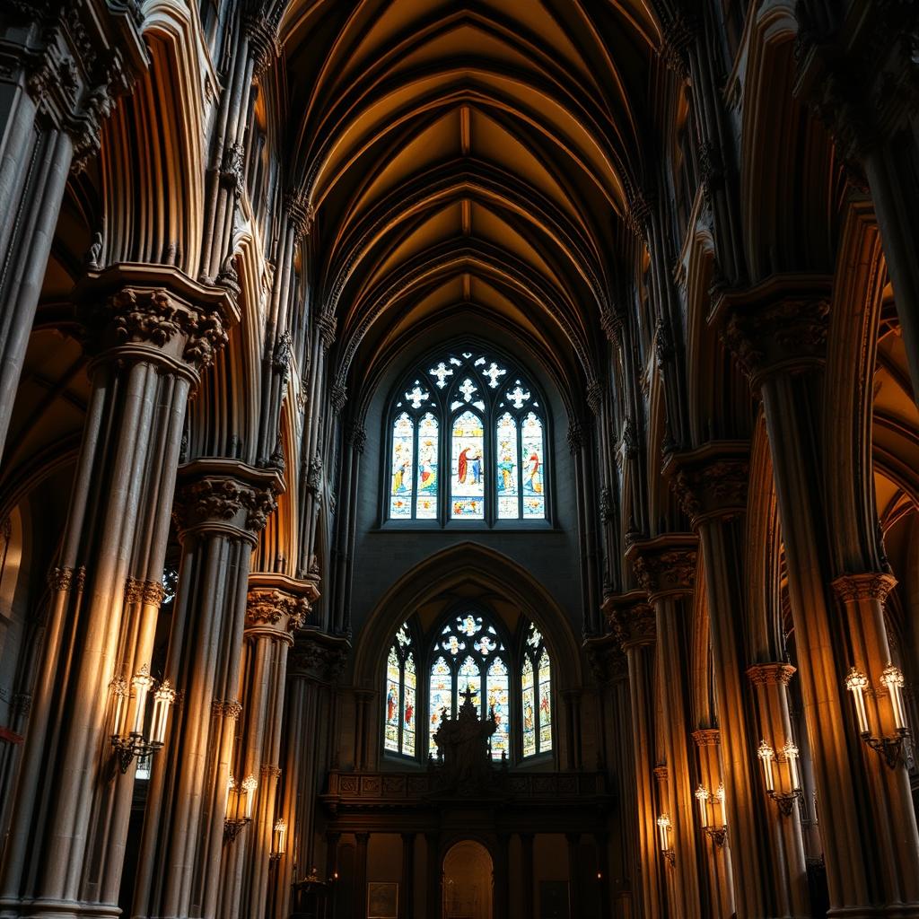 Ornate architecture within a cathedral in Glencoe, Highlands, Scotland, showcasing intricate details such as carved stone pillars, stained glass windows casting colorful light, gothic arches, and decorative moldings