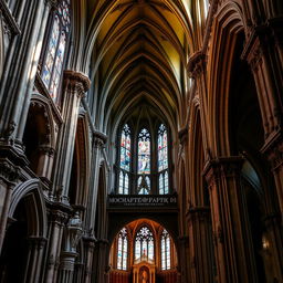Ornate architecture within a cathedral in Glencoe, Highlands, Scotland, showcasing intricate details such as carved stone pillars, stained glass windows casting colorful light, gothic arches, and decorative moldings