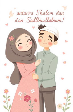 A charming and delicate illustration depicting a love story between a young Christian woman and a young Muslim man, titled 'Antara Shalom dan Asalamualaikum'