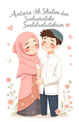 A charming and delicate illustration depicting a love story between a young Christian woman and a young Muslim man, titled 'Antara Shalom dan Asalamualaikum'