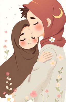 A charming and delicate illustration depicting a love story between a young Christian woman and a young Muslim man, titled 'Antara Shalom dan Asalamualaikum'