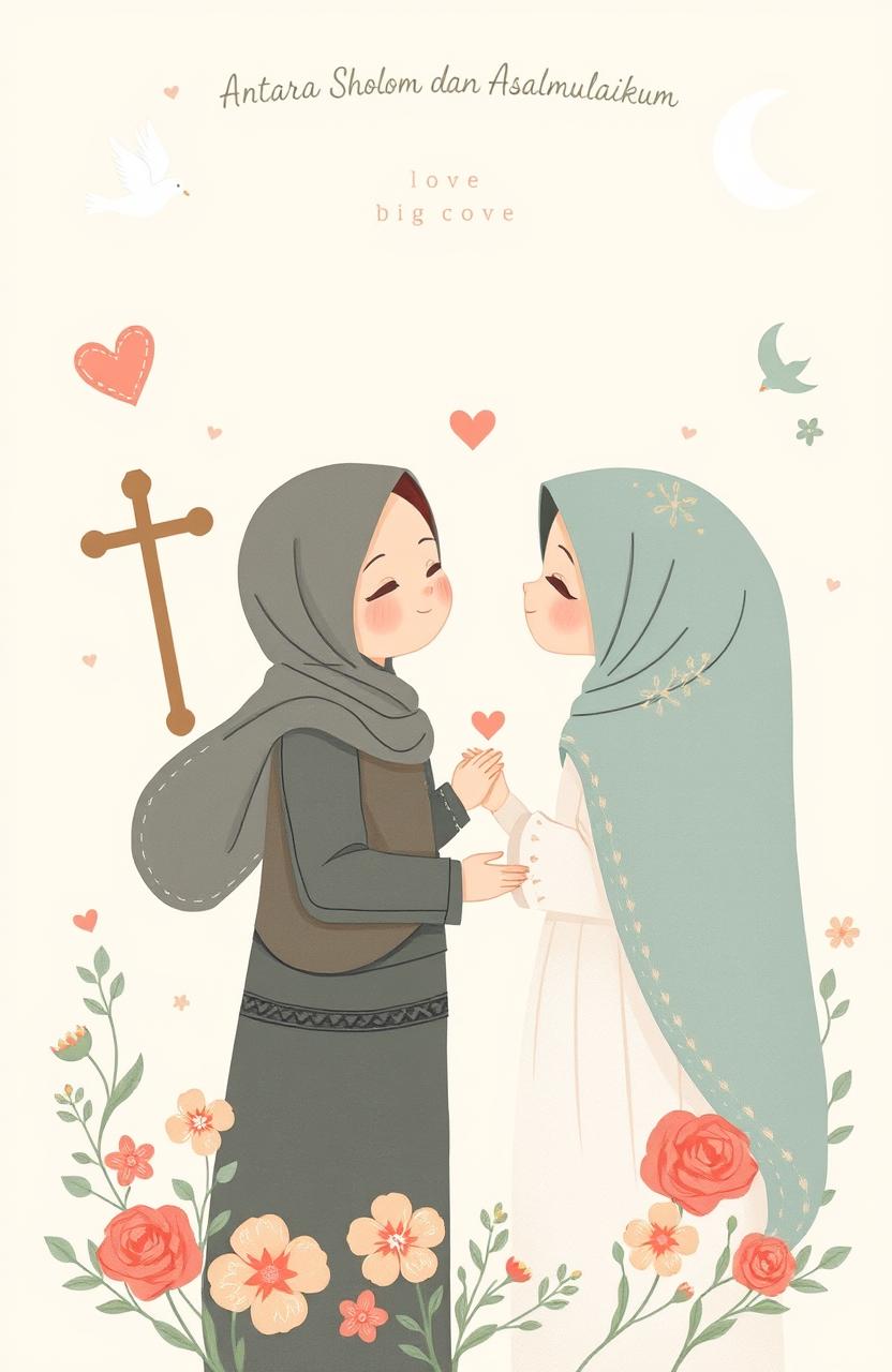 A charming and delicate illustration depicting a love story between a young Christian woman and a young Muslim man, titled 'Antara Shalom dan Asalamualaikum'