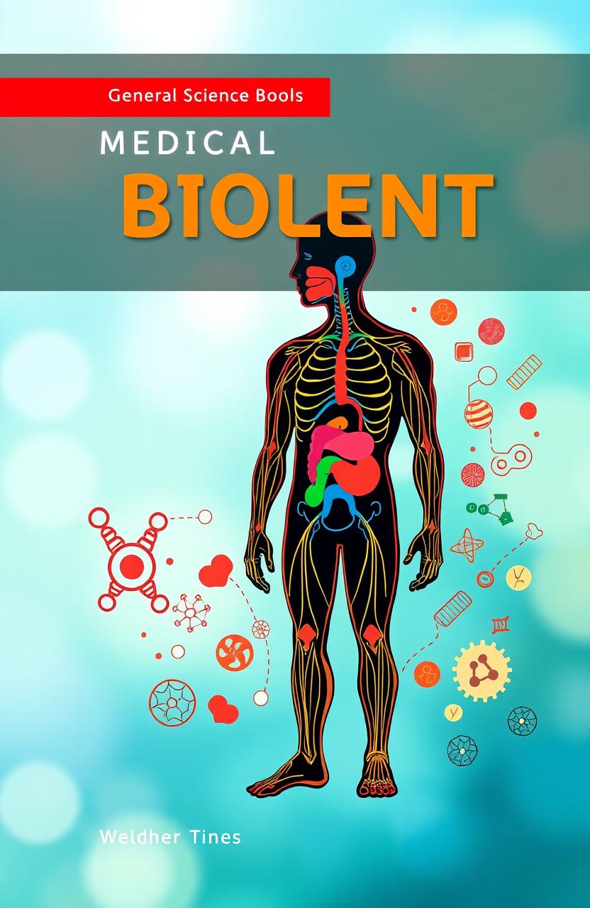 A vibrant and eye-catching book cover for a medical student textbook, focusing on general science and the basic concepts of biology