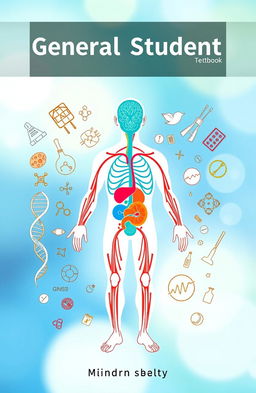 A vibrant and eye-catching book cover for a medical student textbook, focusing on general science and the basic concepts of biology