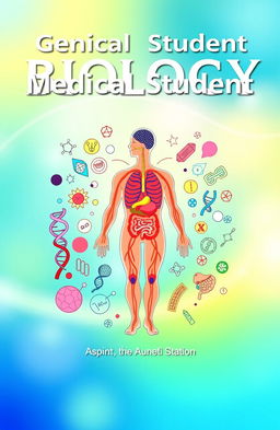 A vibrant and eye-catching book cover for a medical student textbook, focusing on general science and the basic concepts of biology