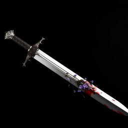 A silver sword extending fully to the tip, featuring a handle beautifully designed with thorn patterns