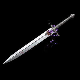 A silver sword extending fully to the tip, featuring a handle beautifully designed with thorn patterns