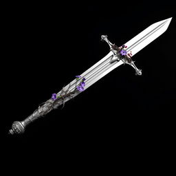A silver sword extending fully to the tip, featuring a handle beautifully designed with thorn patterns