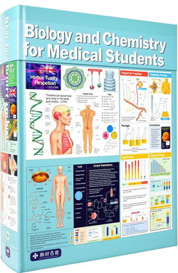A detailed biology and chemistry textbook designed specifically for medical students, featuring sophisticated diagrams and illustrations of human anatomy, cellular structures, biochemical pathways, and laboratory techniques