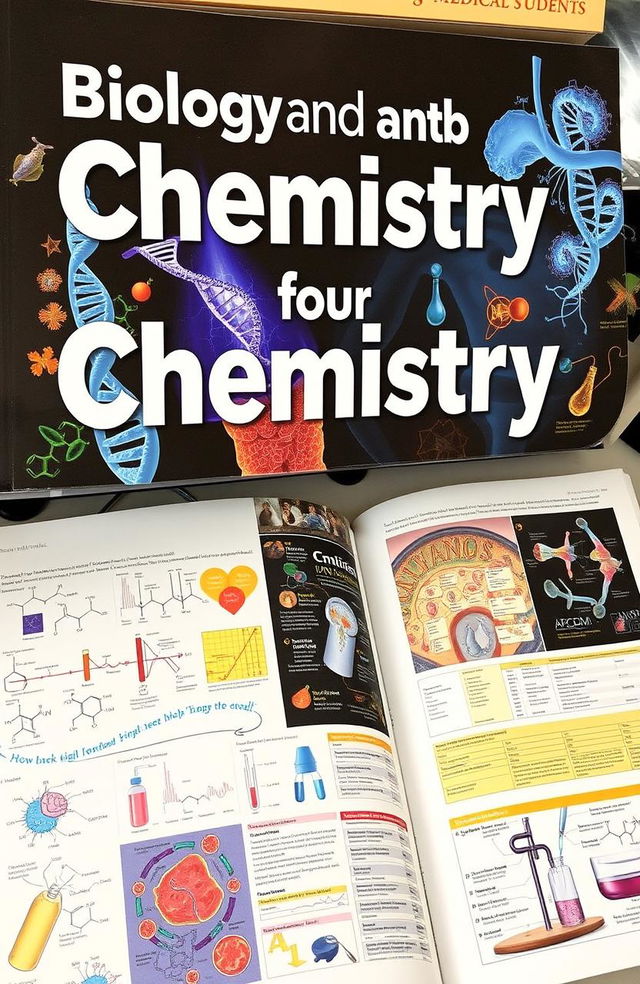 A detailed biology and chemistry textbook designed specifically for medical students, featuring sophisticated diagrams and illustrations of human anatomy, cellular structures, biochemical pathways, and laboratory techniques