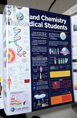 A detailed biology and chemistry textbook designed specifically for medical students, featuring sophisticated diagrams and illustrations of human anatomy, cellular structures, biochemical pathways, and laboratory techniques
