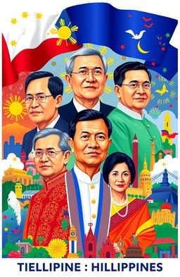 A colorful and vibrant composition featuring the presidents of the Philippines throughout history, depicted in a stylized manner