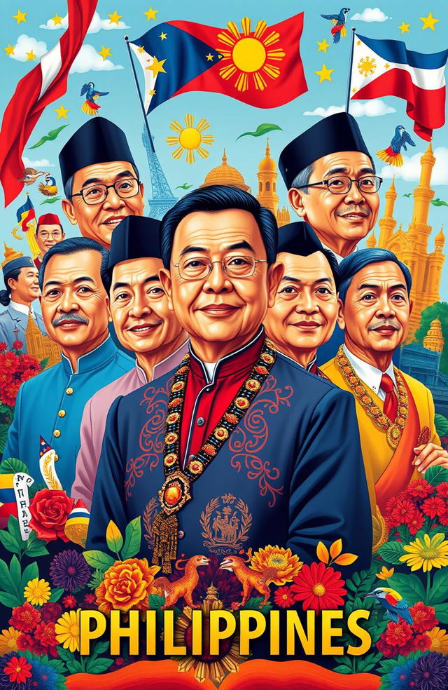 A colorful and vibrant composition featuring the presidents of the Philippines throughout history, depicted in a stylized manner