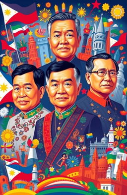 A colorful and vibrant composition featuring the presidents of the Philippines throughout history, depicted in a stylized manner