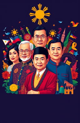 A colorful and vibrant composition featuring the presidents of the Philippines throughout history, depicted in a stylized manner