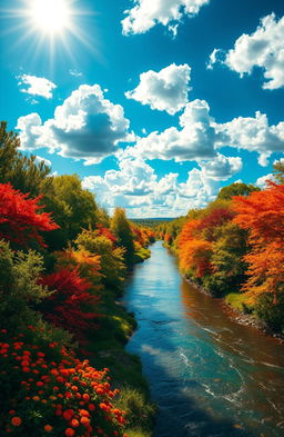 A vivid scene showcasing vibrant colors, featuring a serene landscape filled with lush green trees, bright red, orange, and yellow flowers, and a radiant blue sky filled with fluffy white clouds