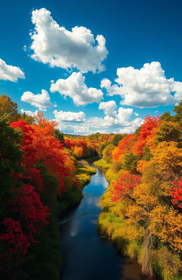 A vivid scene showcasing vibrant colors, featuring a serene landscape filled with lush green trees, bright red, orange, and yellow flowers, and a radiant blue sky filled with fluffy white clouds