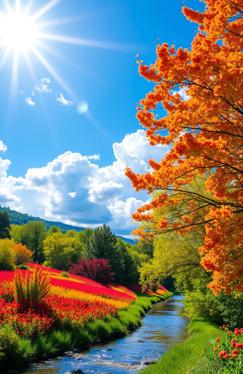 A vivid scene showcasing vibrant colors, featuring a serene landscape filled with lush green trees, bright red, orange, and yellow flowers, and a radiant blue sky filled with fluffy white clouds