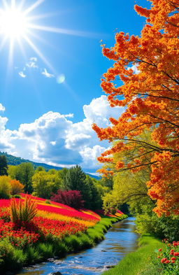 A vivid scene showcasing vibrant colors, featuring a serene landscape filled with lush green trees, bright red, orange, and yellow flowers, and a radiant blue sky filled with fluffy white clouds