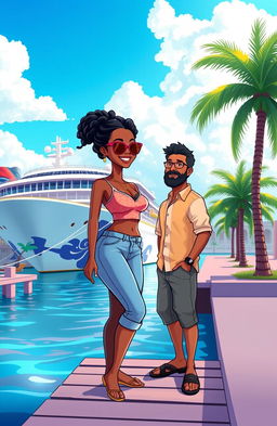A cartoon scene depicting a vibrant and colorful cruise ship docked by a harbor