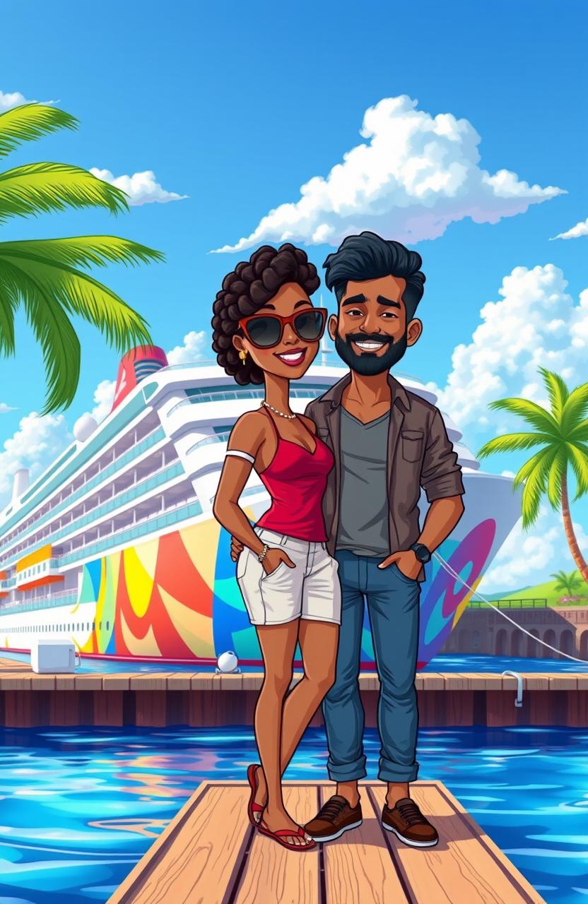 A cartoon scene depicting a vibrant and colorful cruise ship docked by a harbor