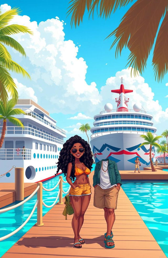 A cartoon scene depicting a vibrant and colorful cruise ship docked by a harbor