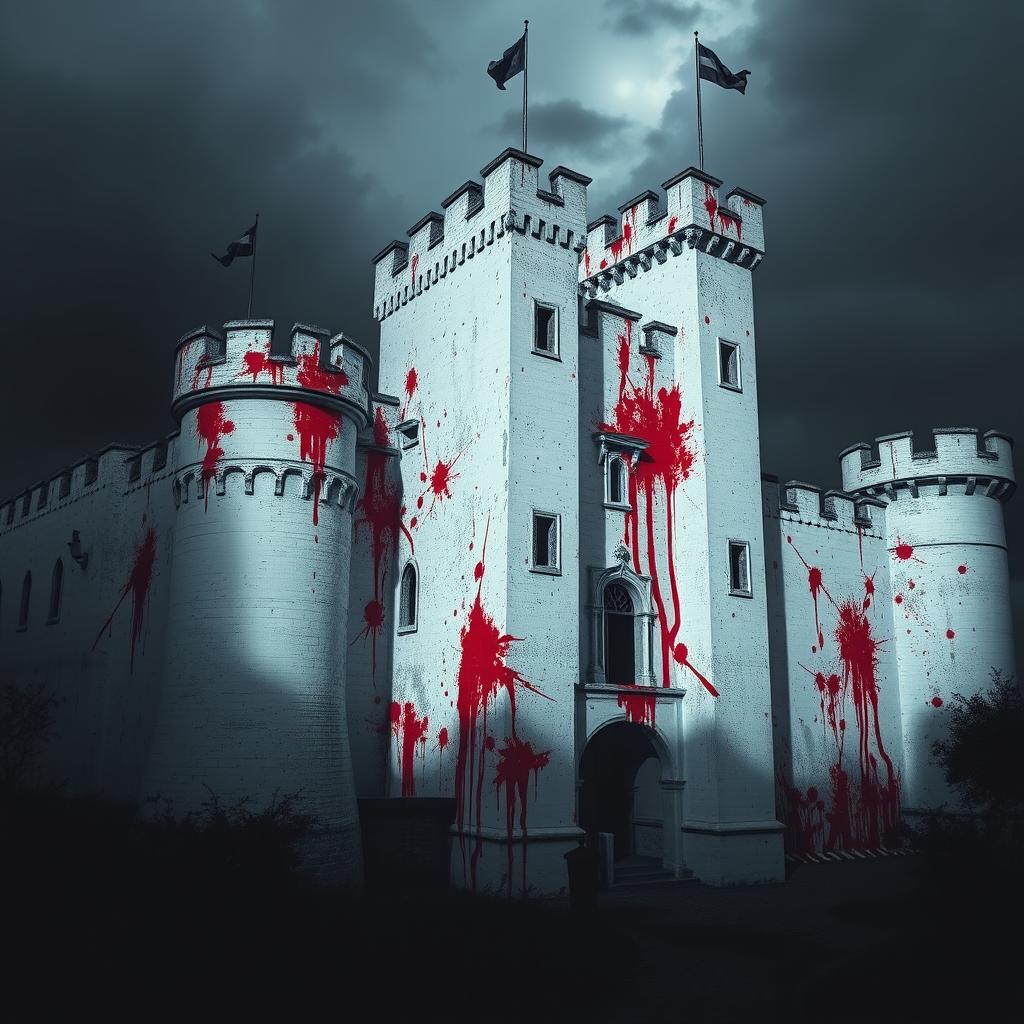 A medieval white castle, its pristine walls stained with vivid splashes of blood, creating a striking contrast against the white stone