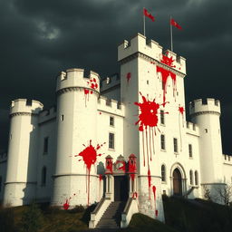 A medieval white castle, its pristine walls stained with vivid splashes of blood, creating a striking contrast against the white stone