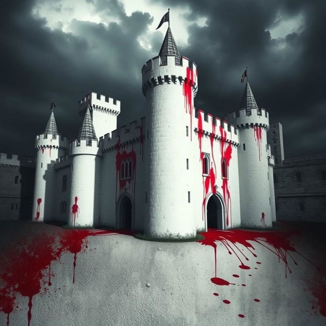 A medieval white castle, its pristine walls stained with vivid splashes of blood, creating a striking contrast against the white stone