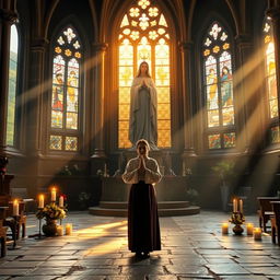 A serene scene depicting a sacred prayer in front of a statue of Mary in a cathedral in Glencoe, Highlands of Scotland