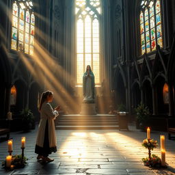 A serene scene depicting a sacred prayer in front of a statue of Mary in a cathedral in Glencoe, Highlands of Scotland