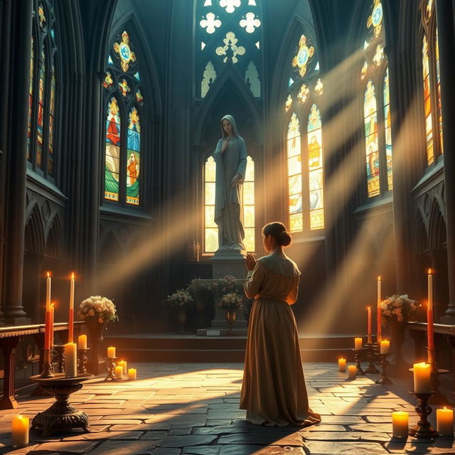 A serene scene depicting a sacred prayer in front of a statue of Mary in a cathedral in Glencoe, Highlands of Scotland