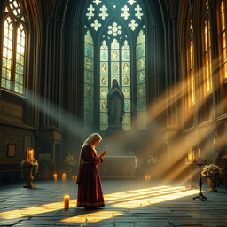 A serene scene depicting a sacred prayer in front of a statue of Mary in a cathedral in Glencoe, Highlands of Scotland