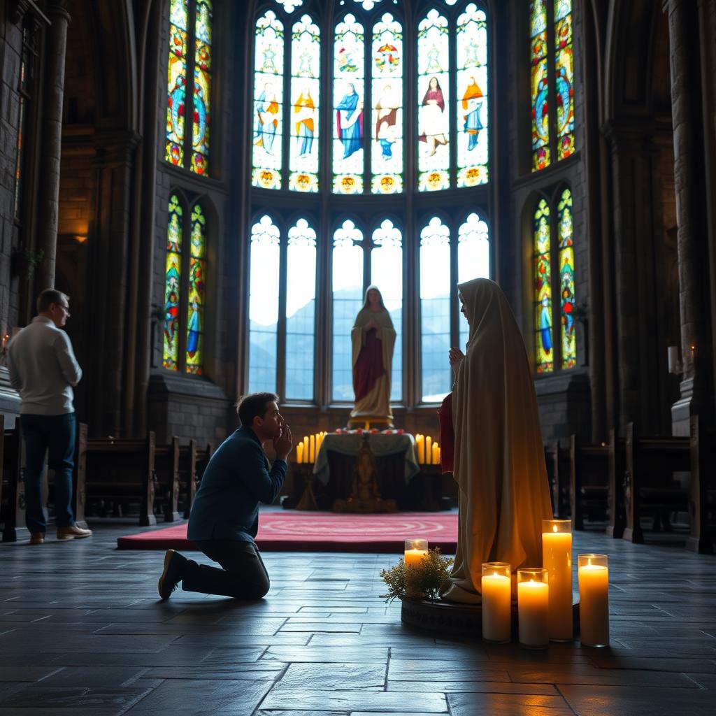 A serene and reflective scene inside a grand cathedral in Glencoe, Highlands of Scotland