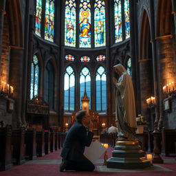 A serene and reflective scene inside a grand cathedral in Glencoe, Highlands of Scotland