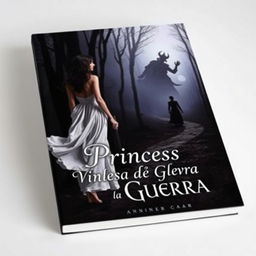 A captivating book cover featuring a dark-haired woman in a flowing long white dress, walking gracefully into the dark, mysterious depths of a forest