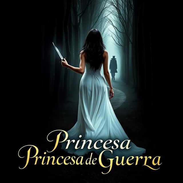 A captivating book cover featuring a dark-haired woman in a flowing long white dress, walking gracefully into the dark, mysterious depths of a forest