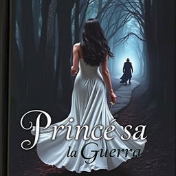 A captivating book cover featuring a dark-haired woman in a flowing long white dress, walking gracefully into the dark, mysterious depths of a forest