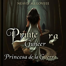 A captivating book cover featuring a dark-haired woman in a flowing long white dress, walking gracefully into the dark, mysterious depths of a forest