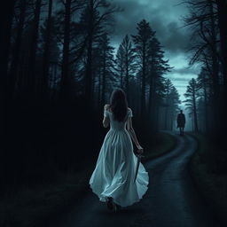 A dark-haired woman in a flowing long white dress walking confidently into the dark, mysterious depths of a dense forest