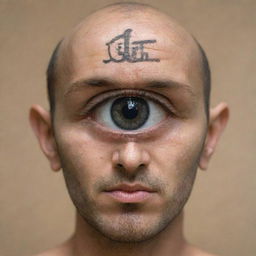 Generate an image of a figure with one eye, inscribed with the word 'kafir' on the forehead.