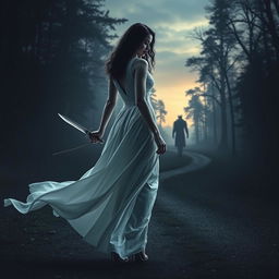 A dark-haired woman in a flowing long white dress walking confidently into the dark, mysterious depths of a dense forest