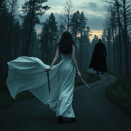 A dark-haired woman in a flowing long white dress walking confidently into the dark, mysterious depths of a dense forest