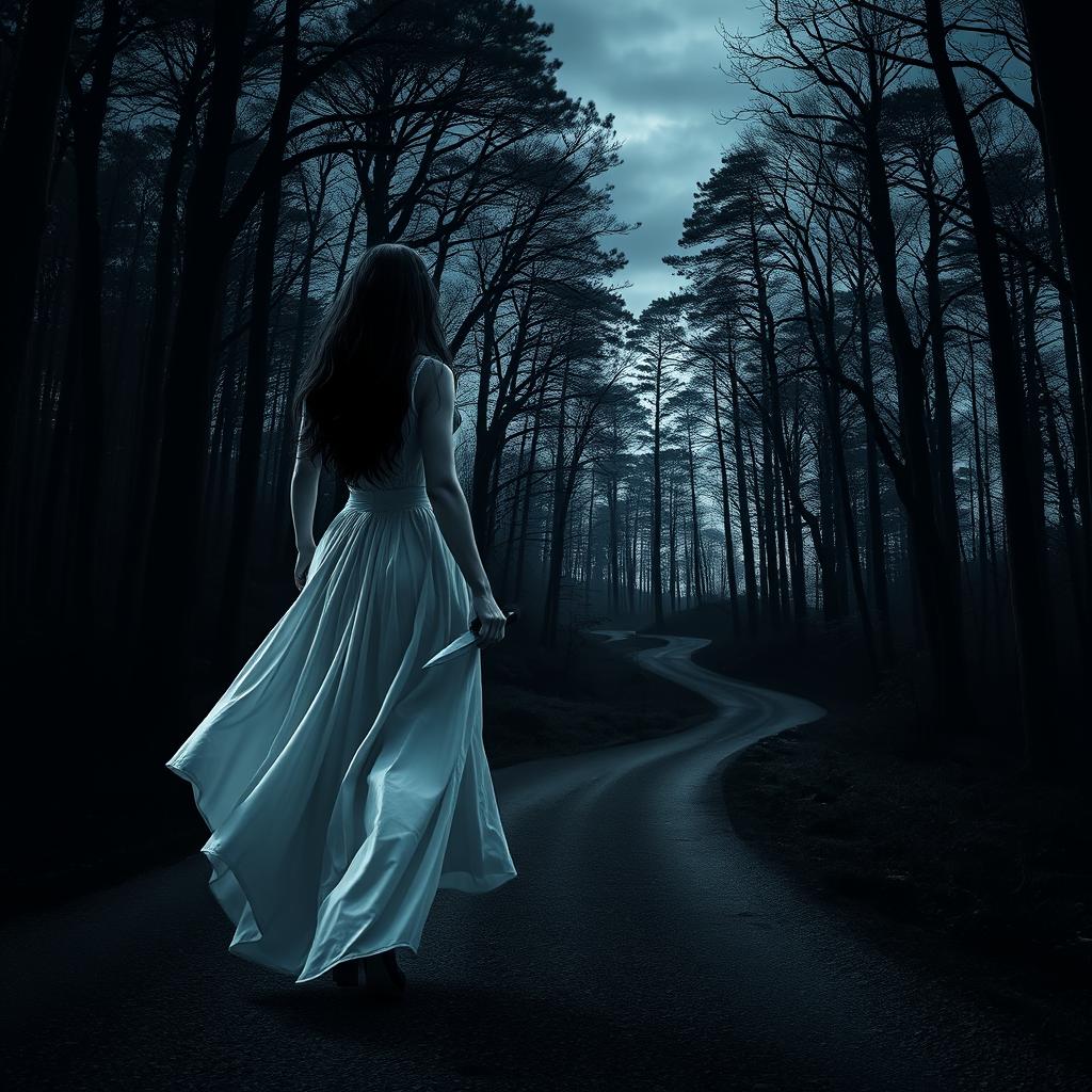 A dark-haired woman in a flowing long white dress walking confidently into the dark, mysterious depths of a dense forest